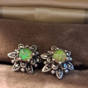 .925 Silver and Opal Flowers and Marcasite Petals Stud Earrings